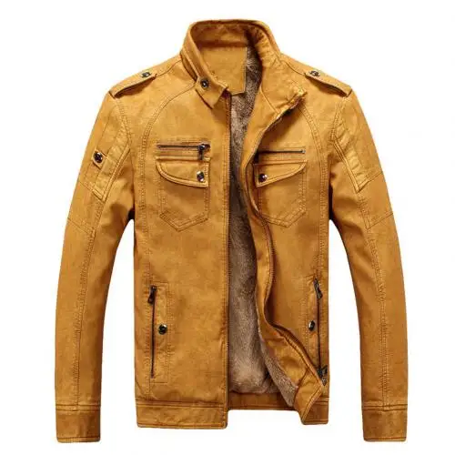4XL Мужская мотоциклетная винтажная куртка из искусственной кожи с воротником-стойкой в стиле рок-н-ролл байкерская куртка с заклепками и карманами - Цвет: Цвет: желтый