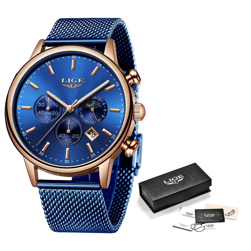 Rose gold blue LIGE новые синие кварцевые часы для мужчин модные бизнес водонепроницаемые все стальные часы мужские большой циферблат Дата Многофункциональный хронограф+ коробка - Цвет: Rose gold blue