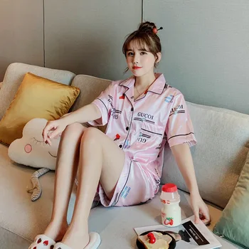 

Summer Single Women's New Style Pajamas Short Sleeve Shorts Cardigan Imitated Silk Fabric Viscose Home Wear Two-Pi