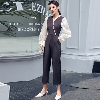 

Lady Splice Jumpsuit Elegant Puff Sleeve Bib Pants Womens Temperament Overalls Ladies Casual Playsuit