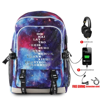 

Kpop EXO 3d Star Backpack Boys Girls Multifunction USB Charging Travel Bag EXO Kpop Member Name Fans Support Canvas Bag