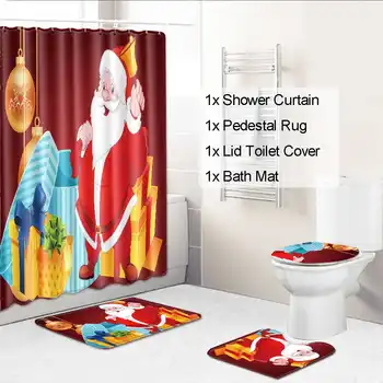 

Santa Christmas Print Toilet Bathroom Mat And Shower Curtain Four-Piece Set Christmas Holiday party home Decoration Decor