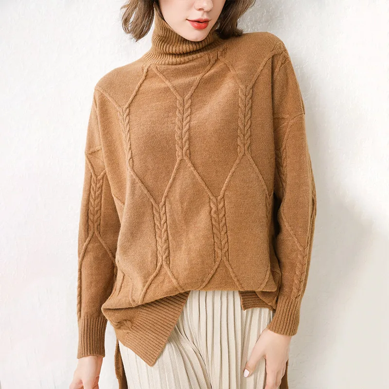 GCAROL корейский женский свитер с геометрическим рисунком и высоким воротом, толстый осенне-зимний вязаный джемпер средней длины, вязаный пуловер с разрезом
