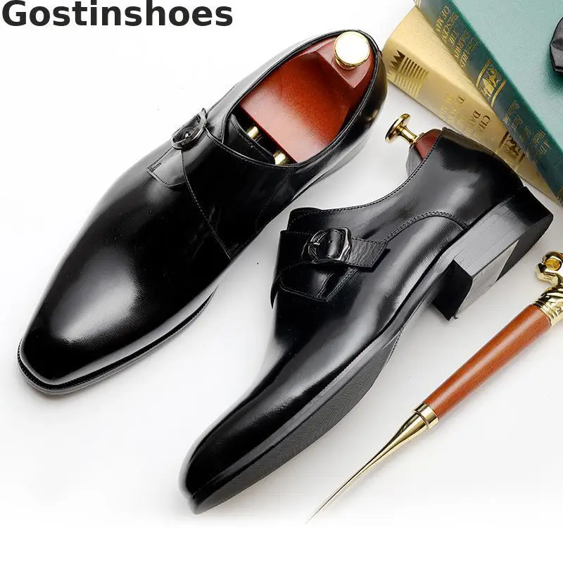 Мужские кожаные туфли в трех стилях; мужские туфли из натуральной воловьей кожи с пряжкой на ремешке с острым носком; модные модельные туфли в деловом стиле - Цвет: Black