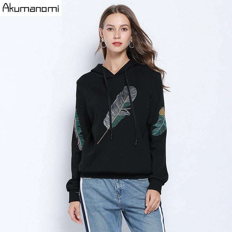 Осенне-весенние Хлопковые женские толстовки размера плюс 5xl 4xl-L черные повседневные пуловеры с капюшоном с длинным рукавом с перьями Топ Sudadera Top