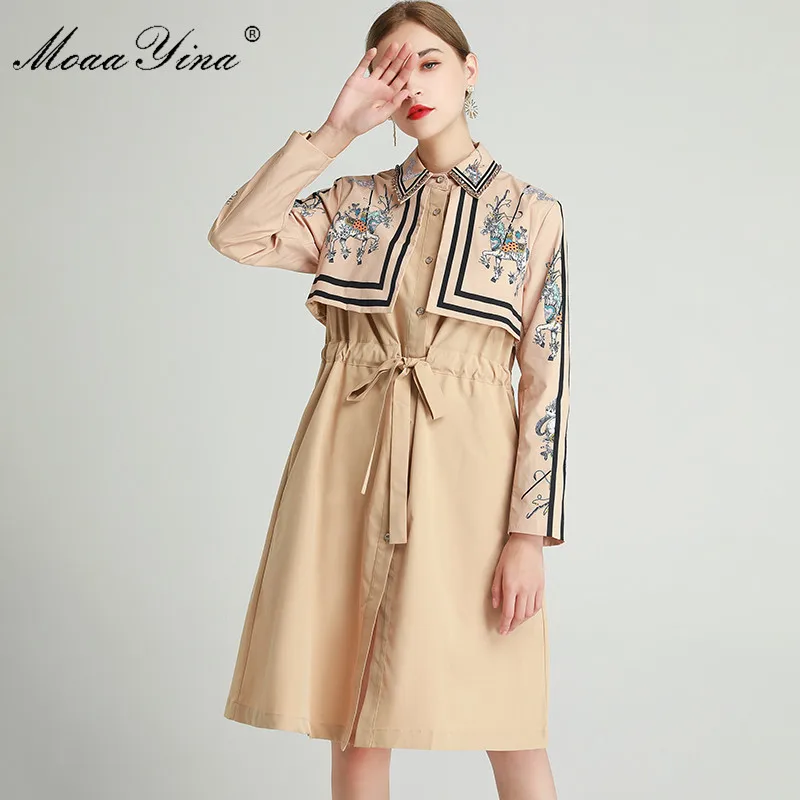 

MoaaYina Fashion Designer Windbreaker Overcoat Autumn Women Long sleeve Beaded turn-down collar circus Print lace-up Overcoat