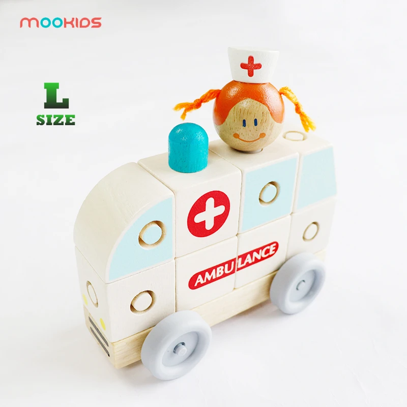 

Mookids Wooden assembly block car children's toy buckle block classic mini early education cognition ambulance assembly