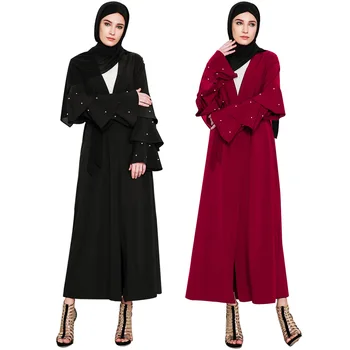 

Arab Muslim Abaya Dress Wome Caftan Kimono Jubah Beading Flare Sleeve Lace-up Open Abayas for Women Islamic Clothing Long Robe