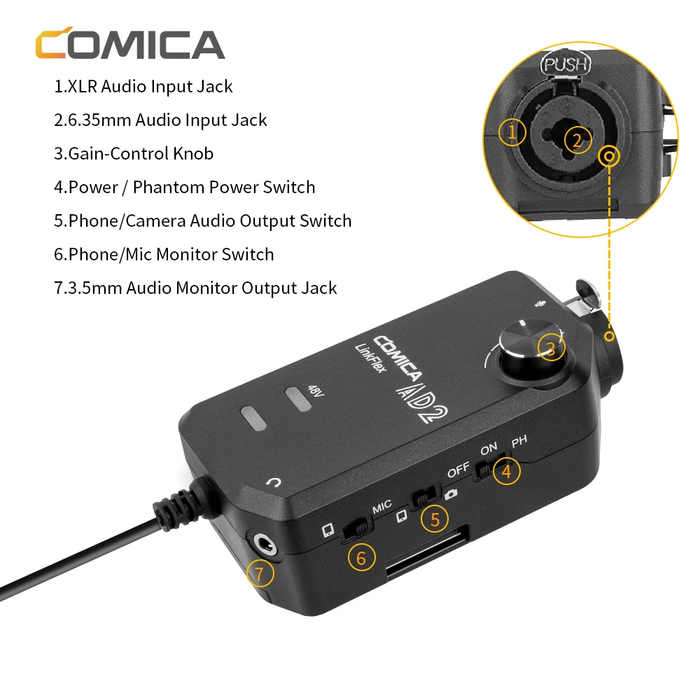 Адаптер Preamp для микрофона Comica AD2 аудиоадаптер 6 35 мм/XLR до 3 5 мм телефонов iPhone iPad