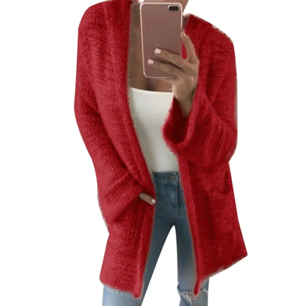 Модный длинный кардиган, женские свитера, сплошной цвет, длинный рукав, с капюшоном, пушистый вязаный кардиган, пальто, верхняя одежда, женский кардиган - Цвет: Красный