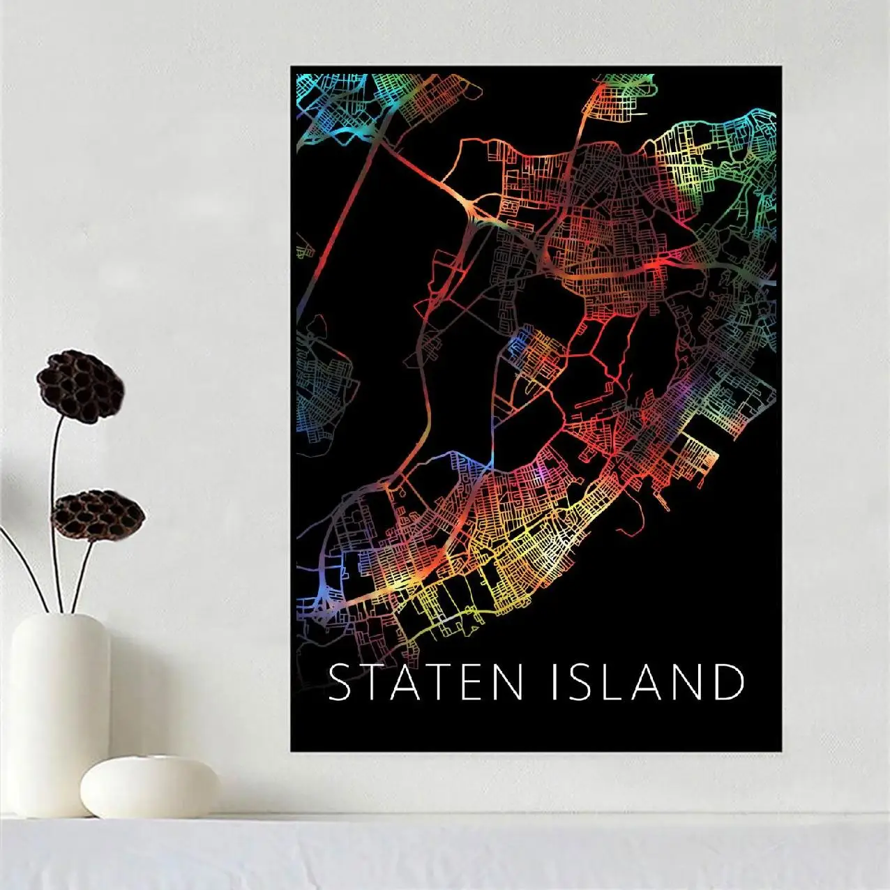 Staten Island Watercolor Black City Map Canvas Wall Art Print Modern Poster Pictures Living Room Decor | Дом и сад