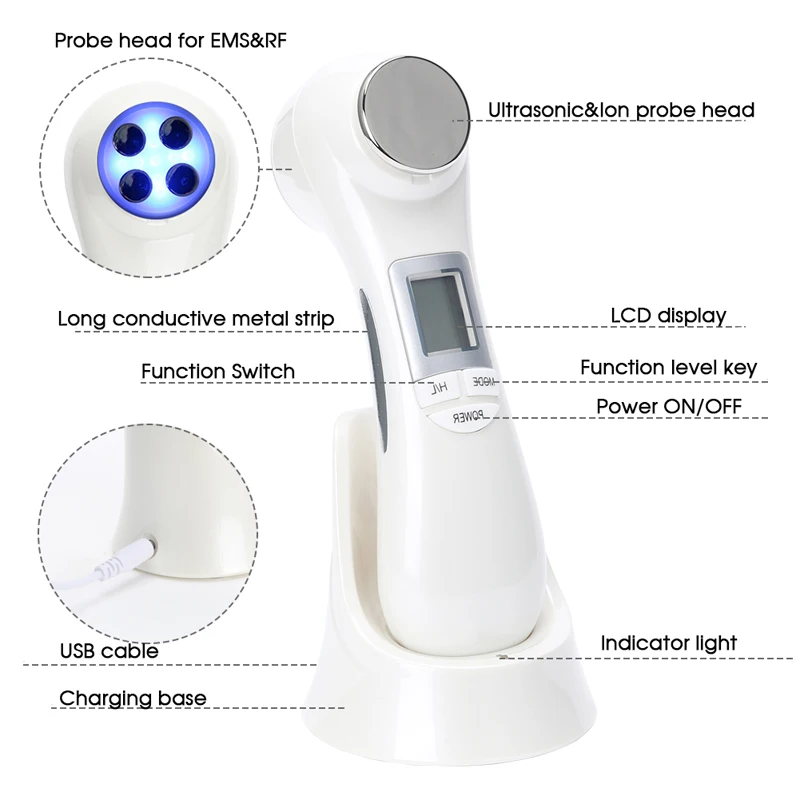 5 в 1 светодиодный RF фотон терапия лица лифтинг кожи омолаживающее устройство машина EMS ионная микротоковая мезотерапия массажер