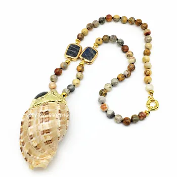 

Natural Stones Knotted Big Sea Shell Plated Gold Stone Charms Pendants Necklaces Women Meditation Yoga Summer Beach Chokers Gift