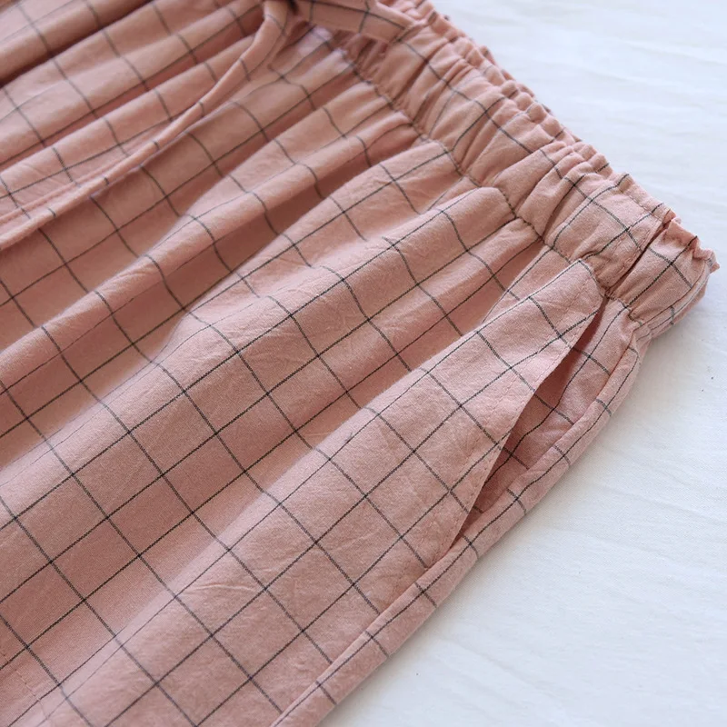 couple Washed Cotton Trousers Thin Men And Women Home Pants Elastic Waist Sleep Bottoms Plaid Lounge Pants Home Sleepwear 2021_ecoleips.com