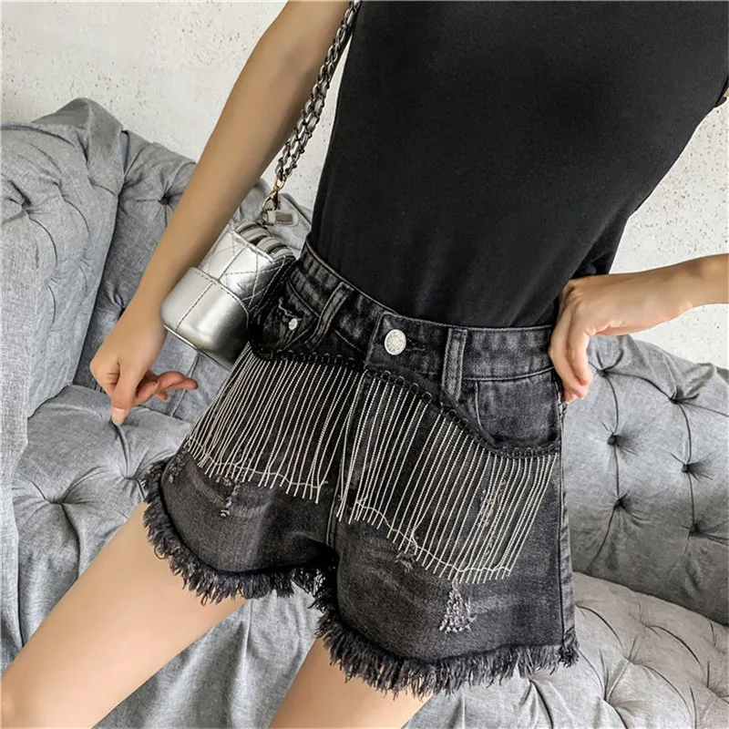 Women Jeans Spring Summer Short Chain Fringed Pants Slim Heavy High Waist Denim Sexy korean Harajuku Casual Shorts denim Jeans