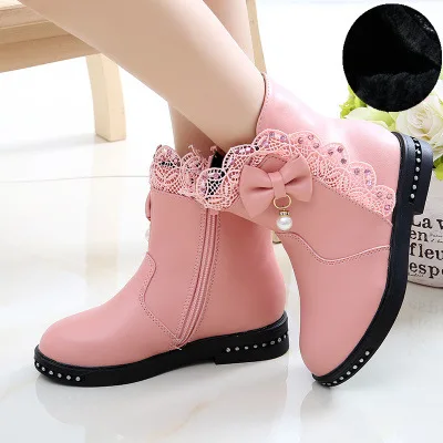 pink 02 Кружевные Детские ботильоны с бантом для больших девочек, зимние модные детские зимние ботинки нескользящая обувь принцессы для детей 4, 5, 6, 7, 8, 9, 10, 11, 12 лет - Цвет: pink 02