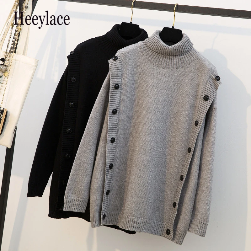 

Plus Size New Fashion 2019 Women Loose Knitted Sweater Turtleneck Full Sleeve With Buttons Autumn Spring Female Pullovers XXXXL