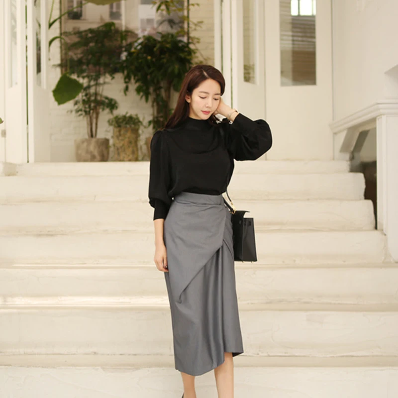 H Han Queen Women's Winter Korean Style 2 Pieces Set Solid Color Loose Sweatshirt& Itrregular Midi Long Bodycon Skirts OL Suits