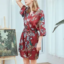 Женское весеннее Летнее шелковое платье, набор, Повседневный, свободный, тонкий, короткий, с принтом, с рукавом до локтя, кардиган, пижама с поясом