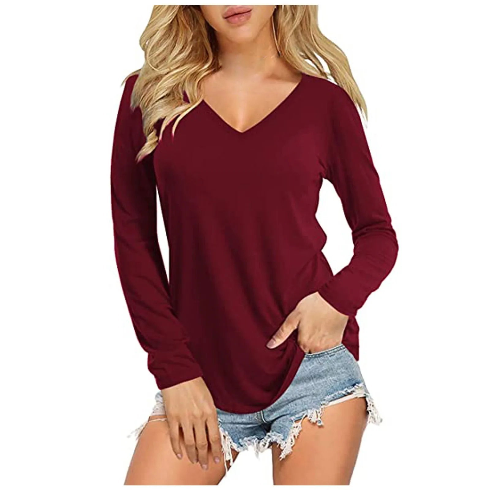 Tshirt Women Lady Fashion Tops Solid Color Loose Long Sleeve V-neck Casual Aesthetic Top Women T Shirt