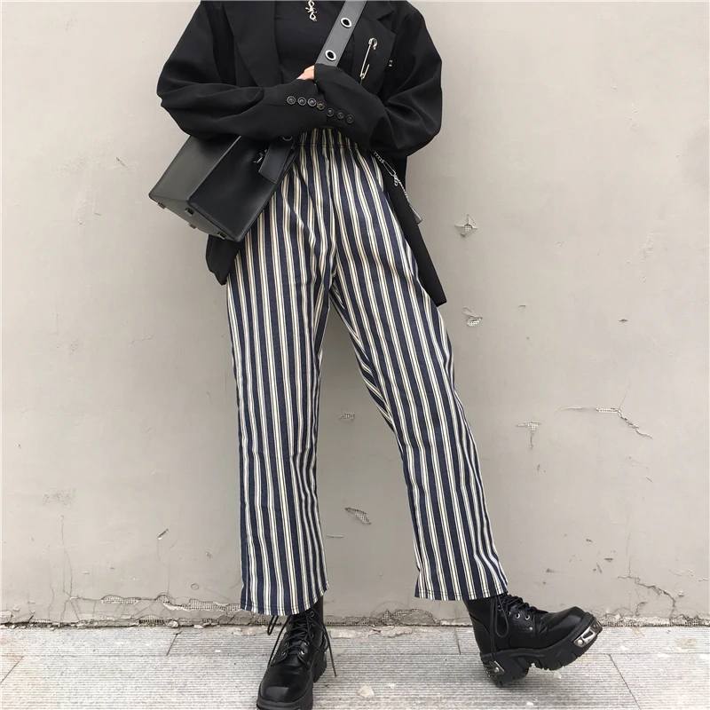 Harajuku Striped Pant Women and Men Casual Straight Pants Retro Capris Japanese Hipster High Waist Couple Pants Unisex Autumn