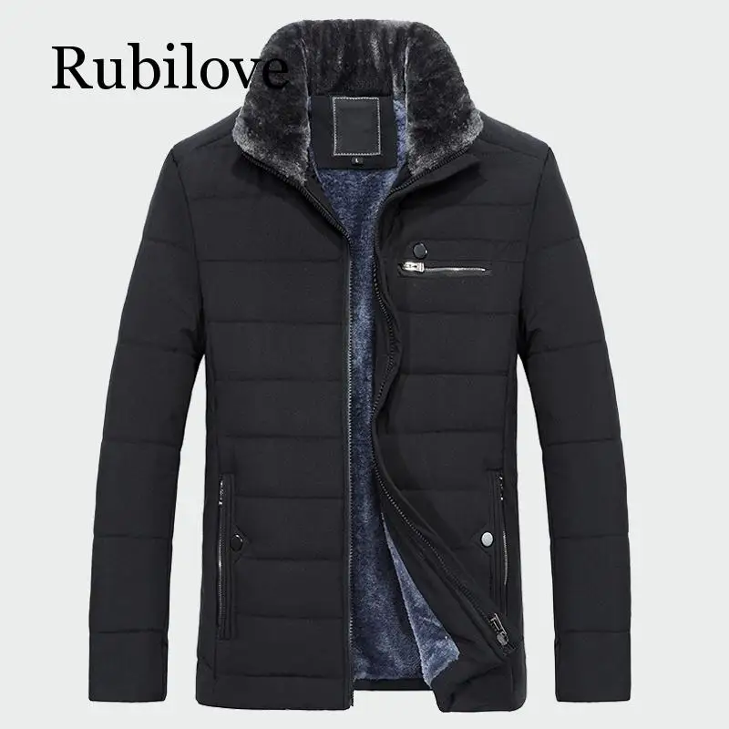 Rubilove стиль зимнее мужское теплое пальто из плотного флиса модные длинные куртки Мужская брендовая одежда мужское пальто с меховым воротником