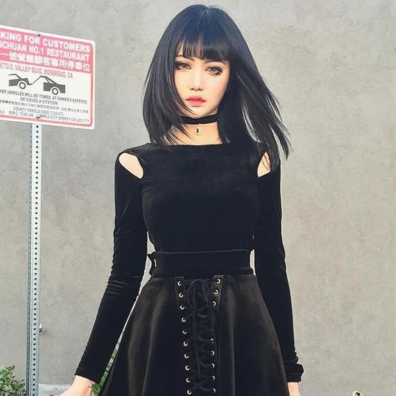 

2pcs women Gothic t-shirt dress long sleeve hollow out top and lace up pleated dress sexy punk clothes 2019 punk rock streetwear