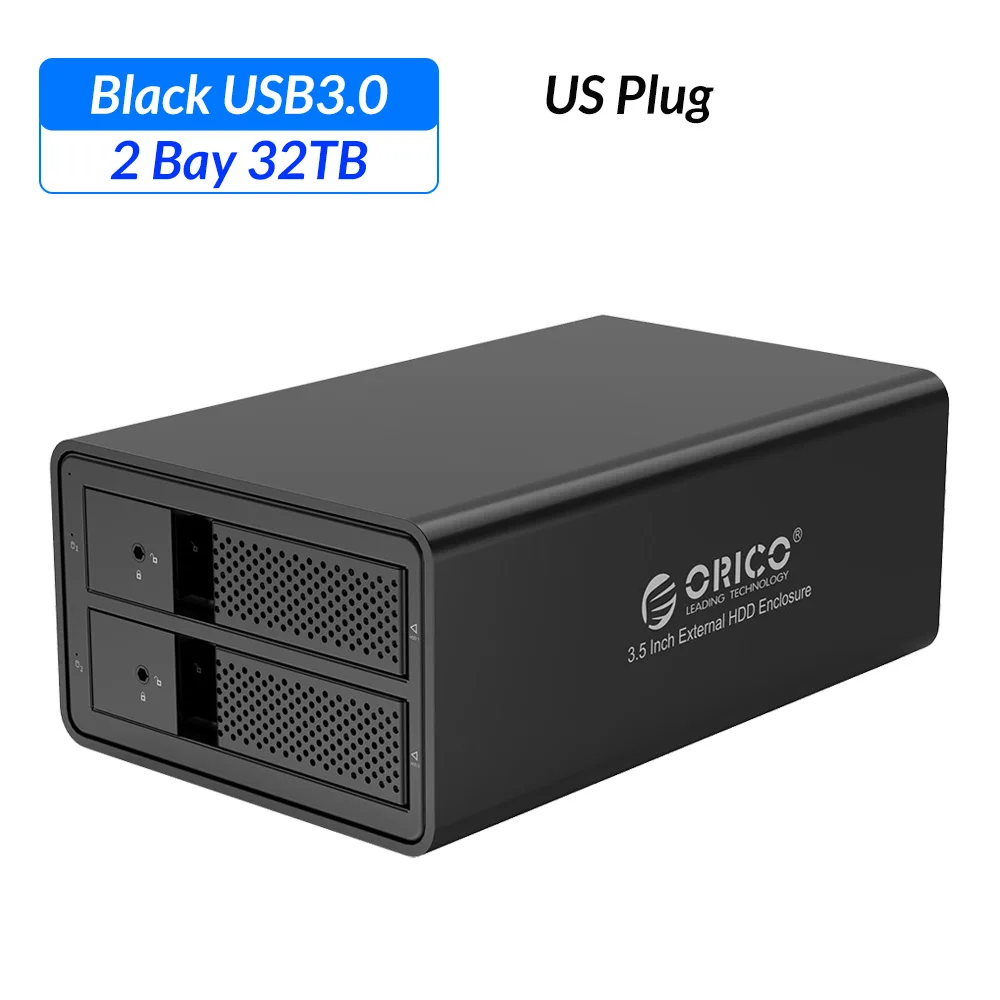 US Plug ORICO 2 Bay 3,5 ''USB3.0, док-станция для жесткого диска с вентилятор Поддержка 32 ТБ UASP с 36 Вт Мощность Adaper Алюминий SATA USB 3,0 HDD Чехол - Цвет: US Plug