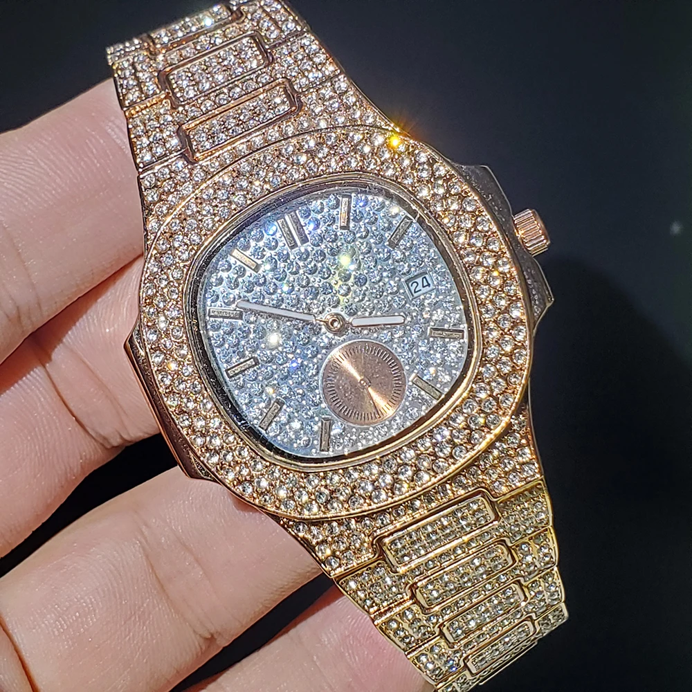 High Quality Men's Watch Luxury Brand Date Diamond Men Watches Fully Iced Out Rose Gold Waterproof Shockproof Chrono Steel Clock extra large diamond storage box shockproof