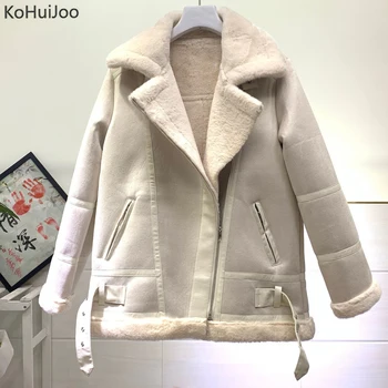 

Women Winter Sheepskin Coats Loose Thick Fake Fur Padded Large Lapel Zip Up Motorcycle Faux Suede Leather Jackets Female