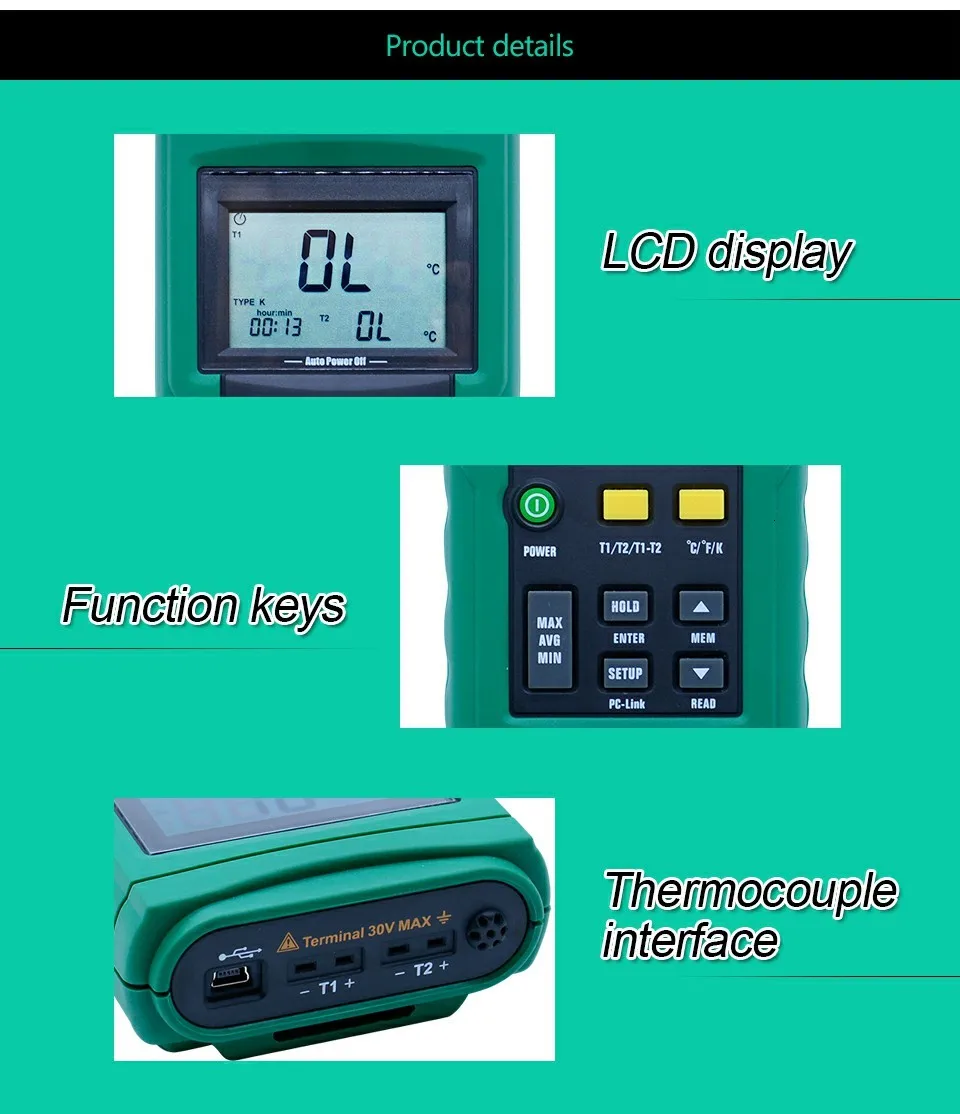 MASTECH MS6514 двухканальный цифровой термометр Регистратор температуры тестер USB интерфейс 1000 набор данных K/J/T/E/R/S/N термопары