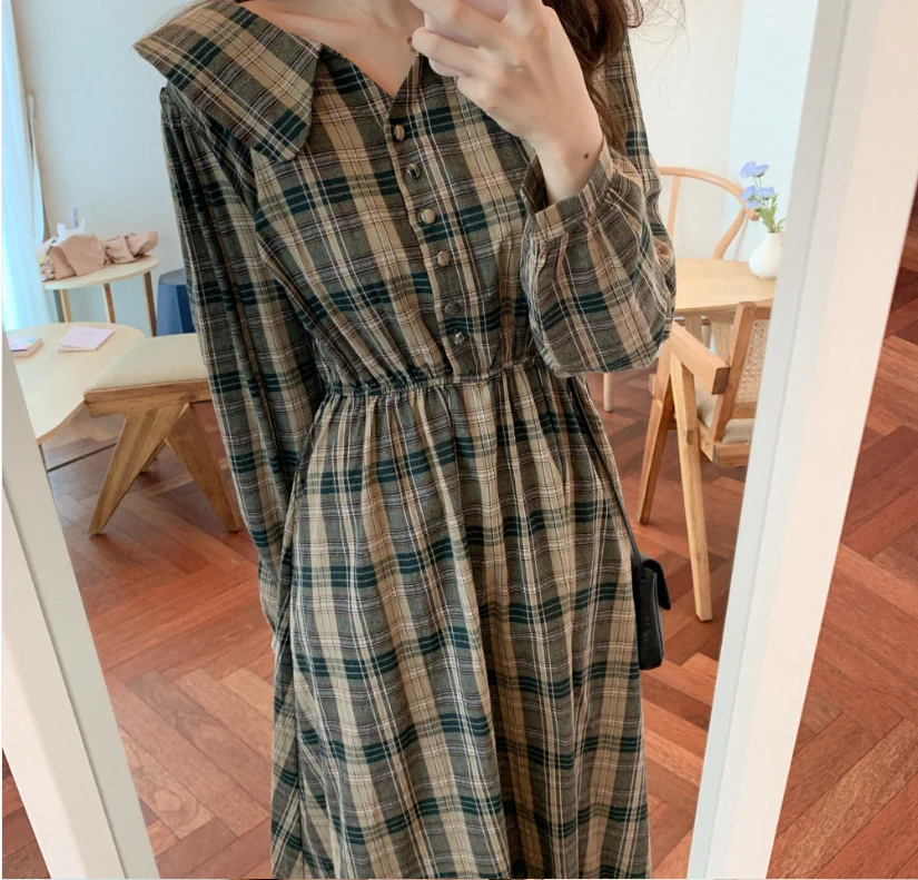 S XL размера плюс новое весеннее платье для девочек Boho хлопковое женское винтажное платье в клетку с длинным рукавом Женские платья длинное платье Vestido