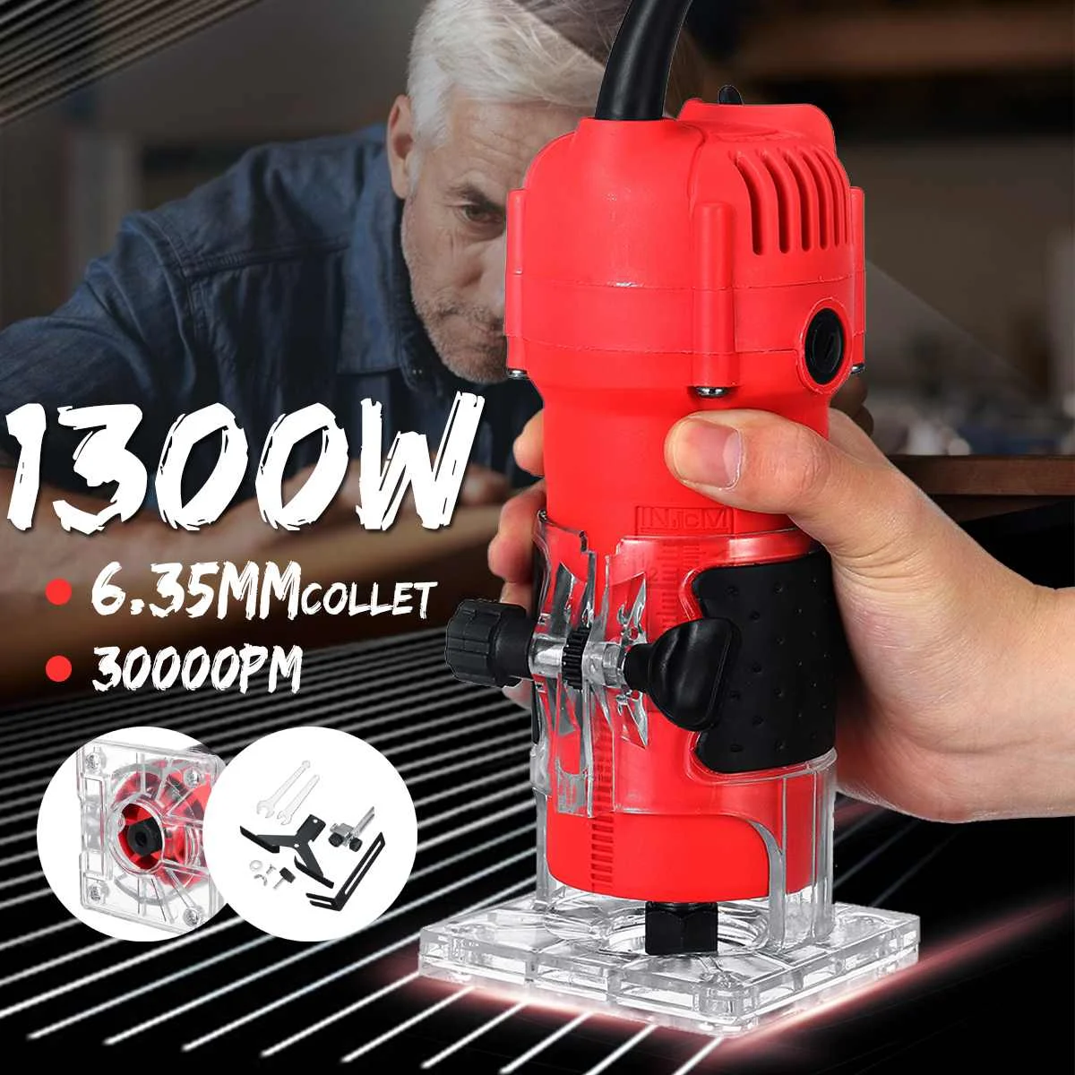 110V/220V 1300W Woodworking Electric Trimmer Wood Milling Engraving Slotting Trimming Machine Hand Carving Wood Router Machine