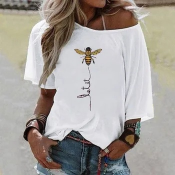 

2020 Summer Women Plus Size T-Shirt Ladies One Shoulder Bee Printed Top Loose Blouse Drop Shopping vetement femme W4