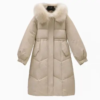 

Women Winter Jacket Fur Collar Thick Girl Knee Over Thickened Down Cotton Padded Garment Slim Large Hair Collar Warm Coat Parka