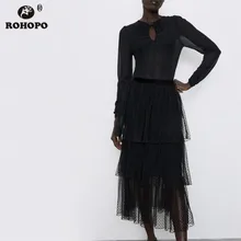 ROHOPO/Тюлевая Многослойная юбка миди с высокой талией и вышивкой в горошек, женские полупрозрачные вечерние юбки черного цвета до середины икры Falda#9464