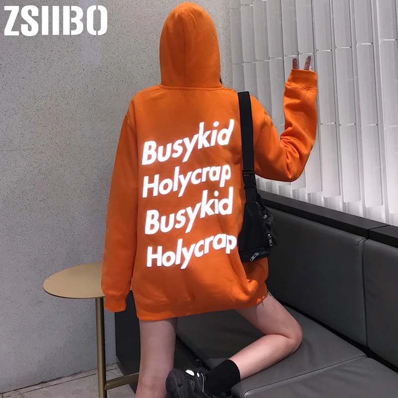 Harajuku Reflective Women Hoodie letter print Winter fashion Solid color hip-hop streetwear night shiny pullovers clothes