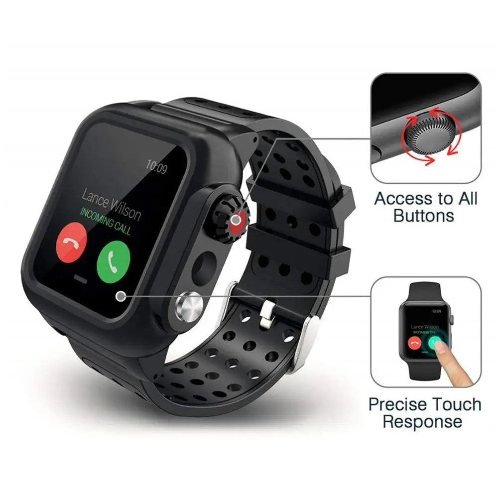 Black Silicone Waterproof Sports Watch Case for Apple Watch with iWatch Breathable Bracelet Strap 2 3 3