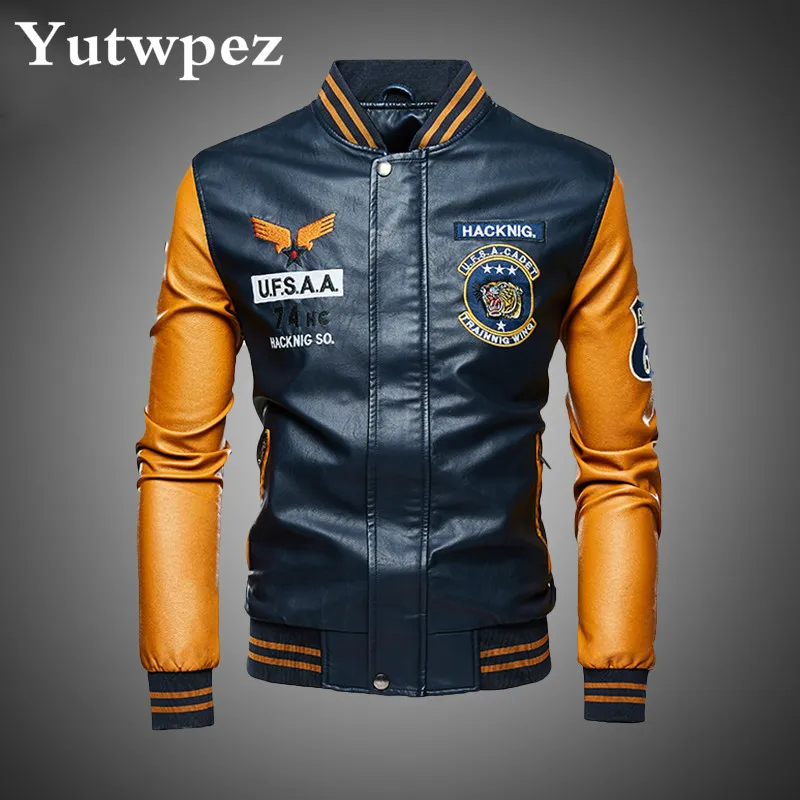 Leather Bomber Jacket Men Baseball Jackets Biker Pu Coat Faux Pilot Varsity Fleece College Top Leather Black Slim Fit Motorcycle