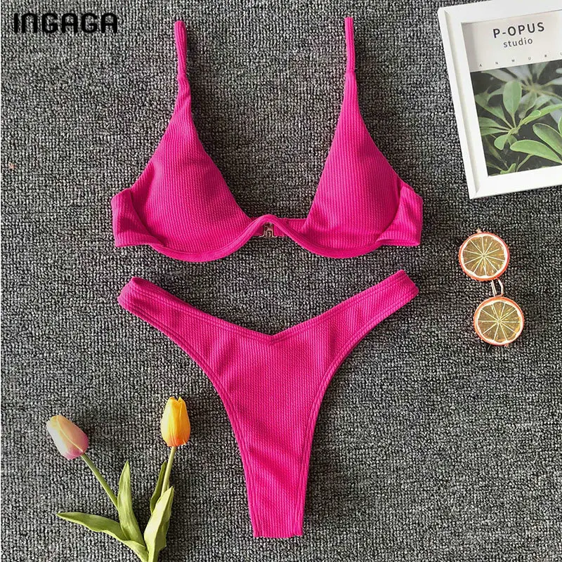 

INGAGA Push Up Bikini Sexy Solid Swimwear Women Biquini Strap Swimsuit New Bathing Suit Women 2019 Swimming Suit for Women