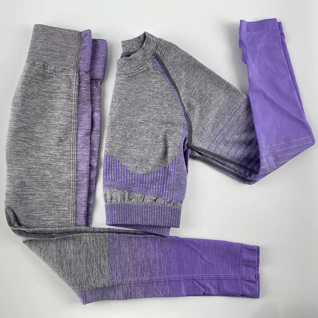Athletic Contour Outfits Ombre Striped Long Sleeve Seamless 2 Piece Set Yoga Leggings Sport Womens Fitness Gym Clothes Tracksuit Purple