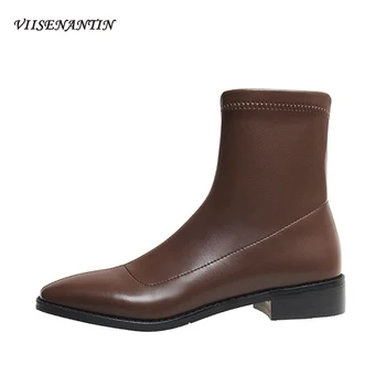 

New Style All-match Elastic Boots Square Toe Thick Heel Side Zipper Thin Ankle Boots High Quality Women Fashion Short Boots
