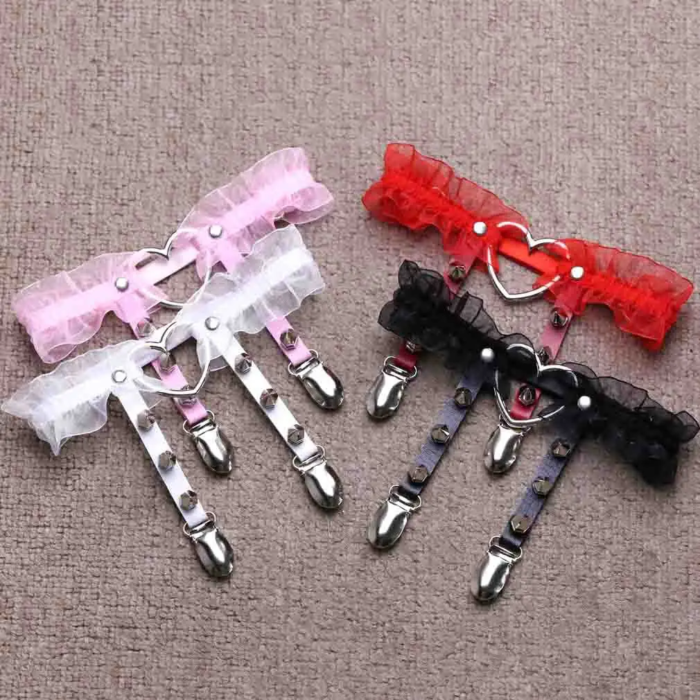 Description Picture 2 of item1PC 4 Colors Women Girl Gorgeous Punk Gothic Heart-shape Ring Spikes Elastic Lace Garter Belt Retro Suspender Flower Harness