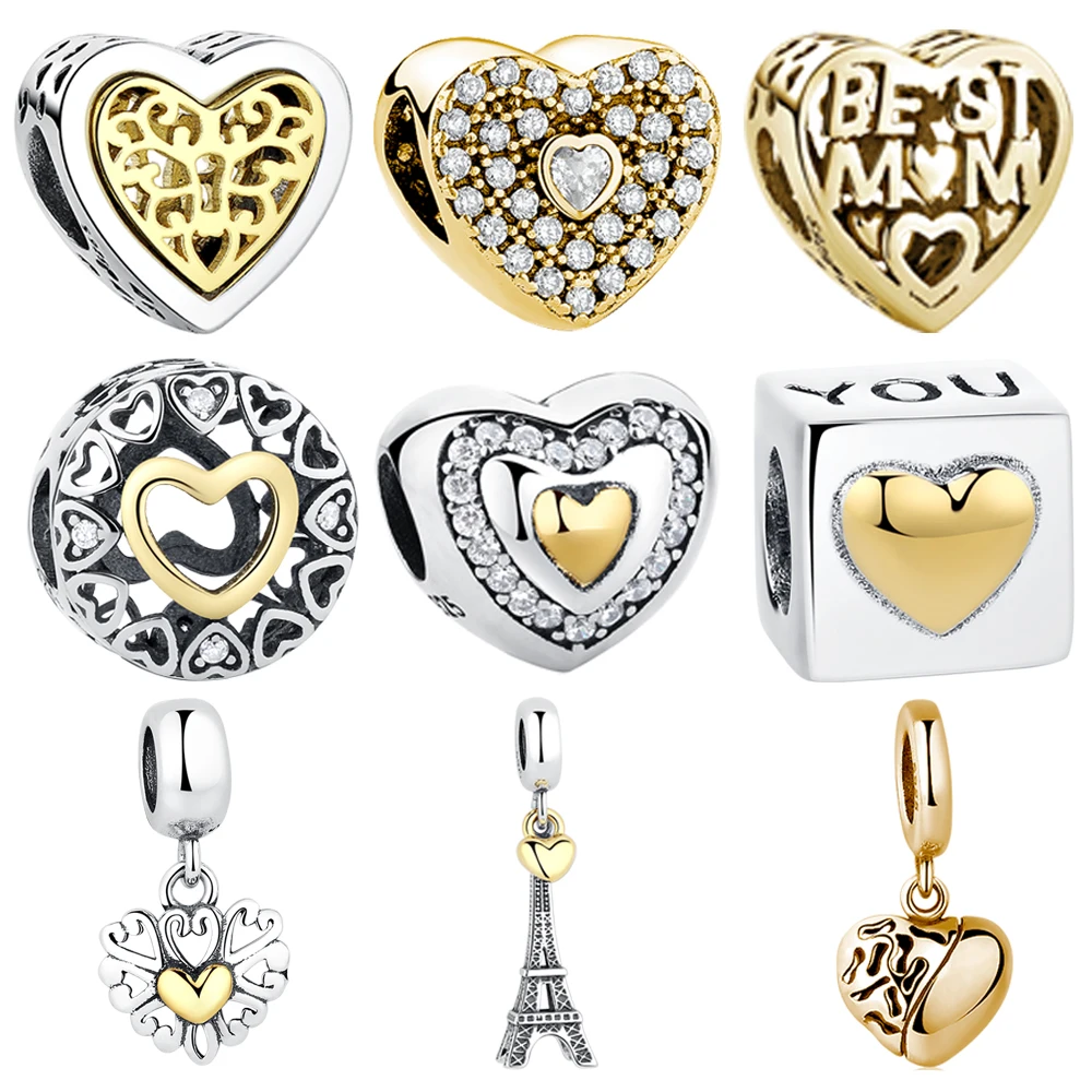 Authentic 925 Sterling Silver Hollow Heart Gold Heart Charm Beads Fit Pandora Bracelet Women Fashion Jewelry Mother Gift