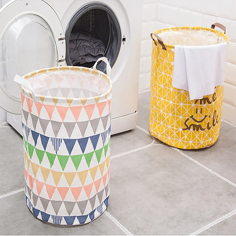 1pc Laundry Basket Folding Round Storage Fabric Bag Large Clothes Toy Holder Handle Bucket Organizer Large Capacity