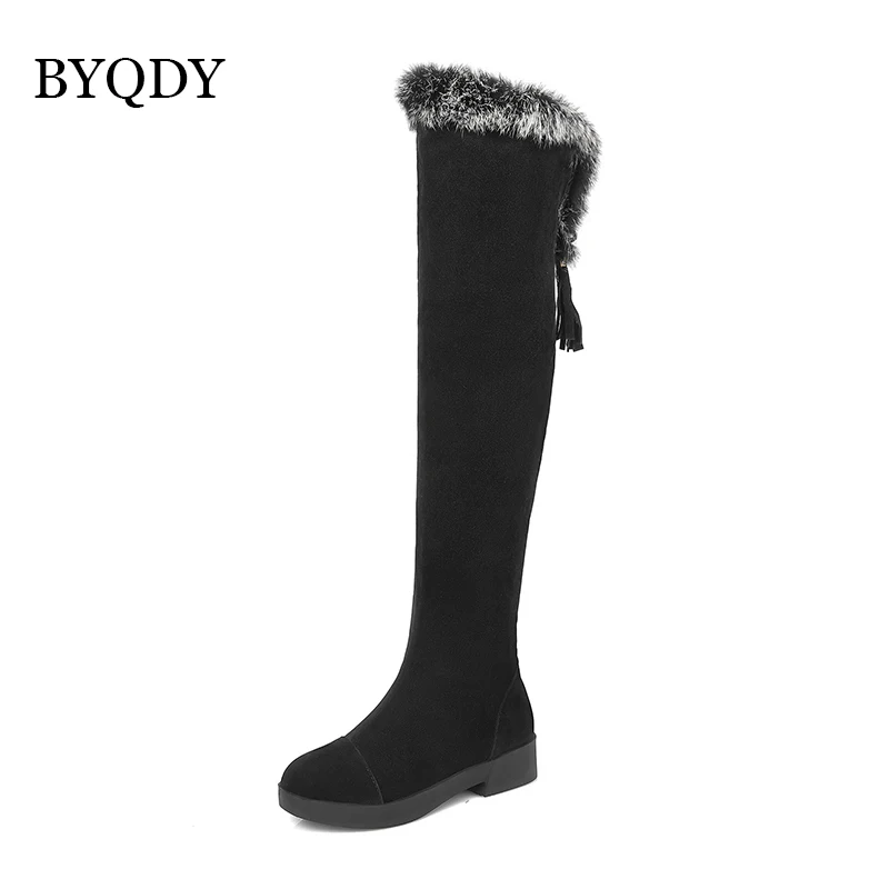 BYQDY New 2020 Fashion Woman Snow Boots Round Toe Med Heels Platform Over The Knee High Boots Thick Fur Warm Winter Shoes Large