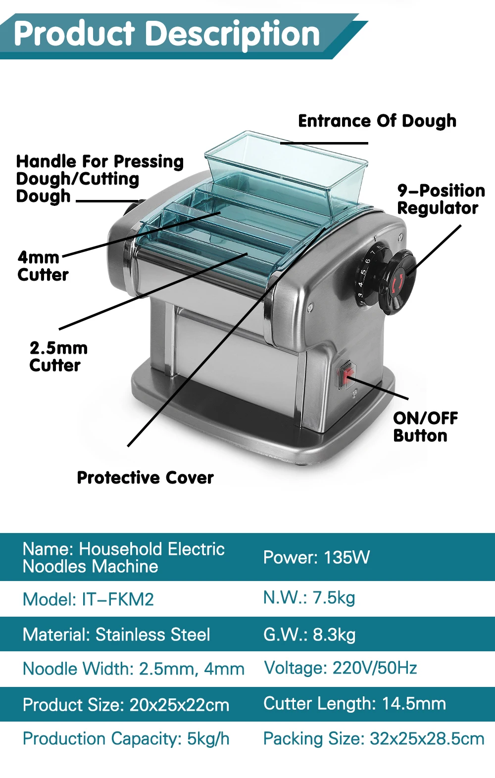Description Picture 5 of itemITOP Electric Pasta Machine Noodle Maker 220V Commercial Stainless Steel Pressing Machine Dough Cutter Dumpling Skin