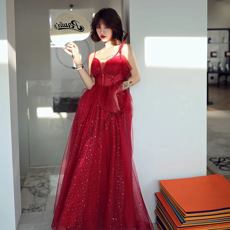 He's Bride Simple Blingbling Evening Dress for Women Red Strapless Formal Prom Gown Elegant Banquets Dress Party Robe De Soiree
