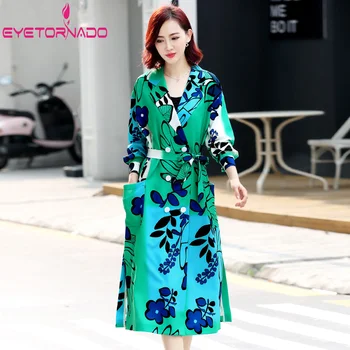

Woman Spring Trench Fashion Classic Double Breasted Trench Coat Casual Work Floral Print Waterproof Raincoat Business Outerwear