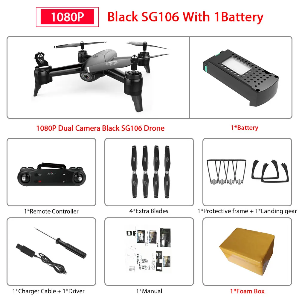 1080P Black 1B FB SG106 WiFi FPV RC Дрон 4K камера оптический поток 1080P HD Двойная камера дроны антенна видео RC Квадрокоптер самолет VS SJRC F11 Дрон - Цвет: 1080P Black 1B FB